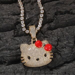 Gold Hello Kitty Pendant Necklace with Red Bow 16inch